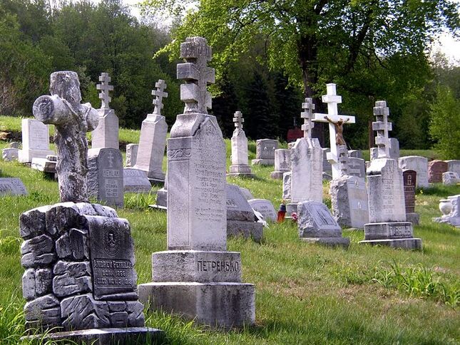 Cemetary with large, elaborate tombstones