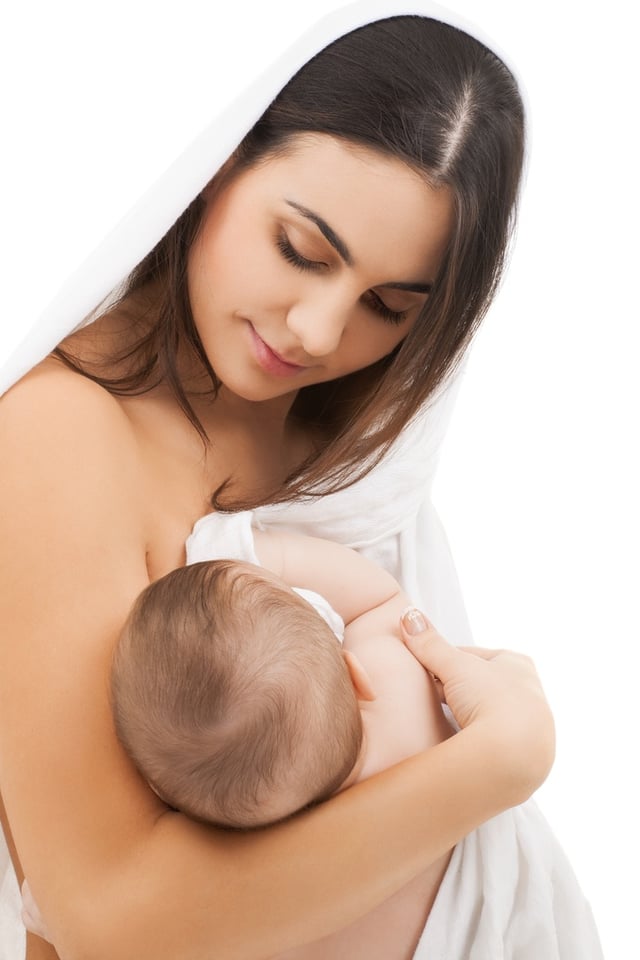 Woman breastfeeding child with covering